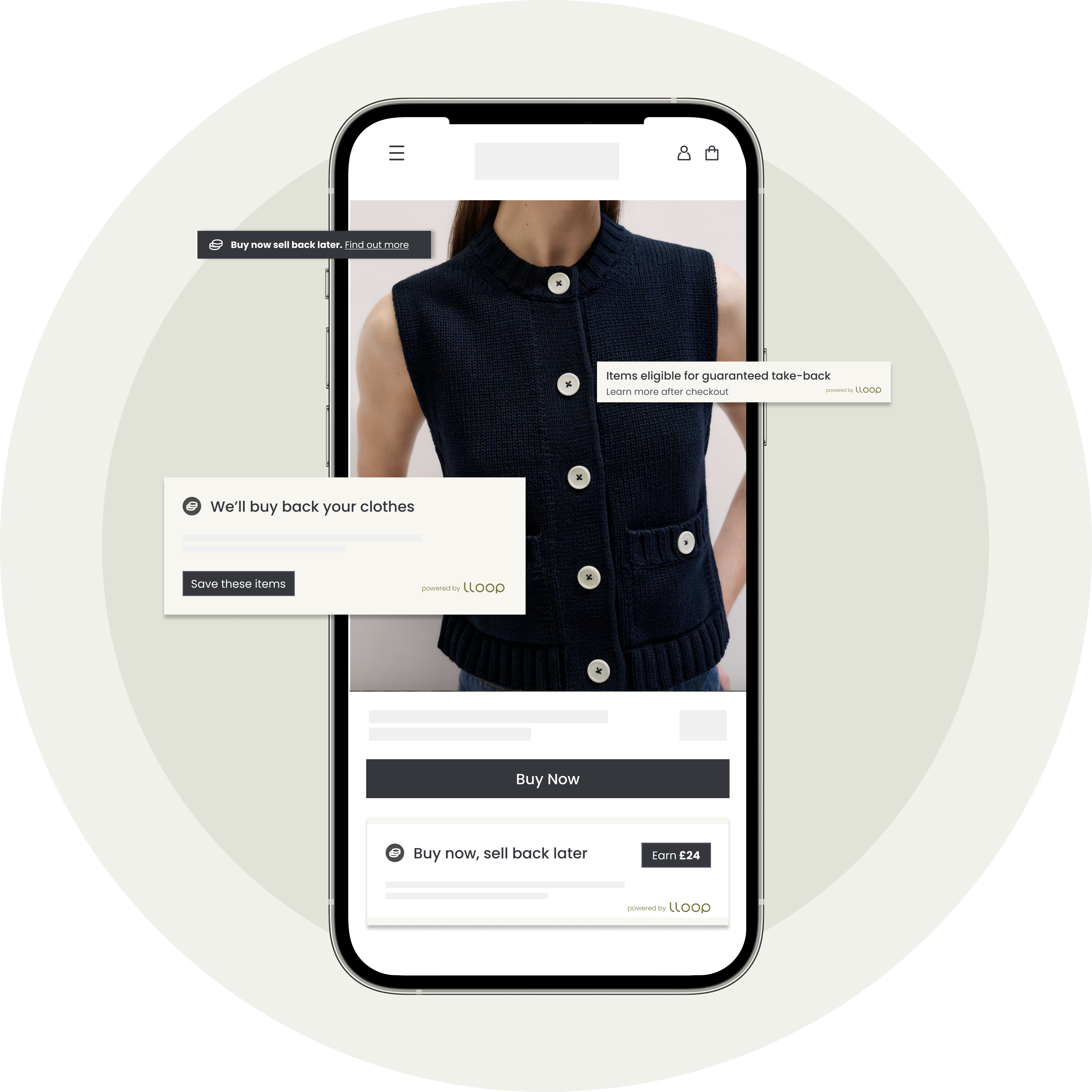 Illustration of buy-back widget, showing future takeback value for an item at the point of purchase